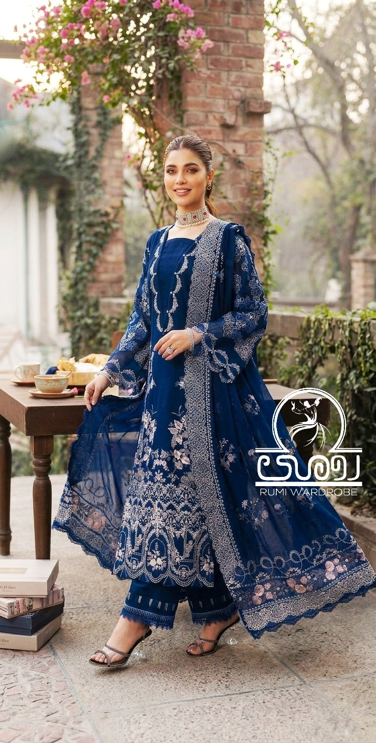 Premium Embroidered Luxury Lawn 3-Piece Suit – Prussian Sapphire