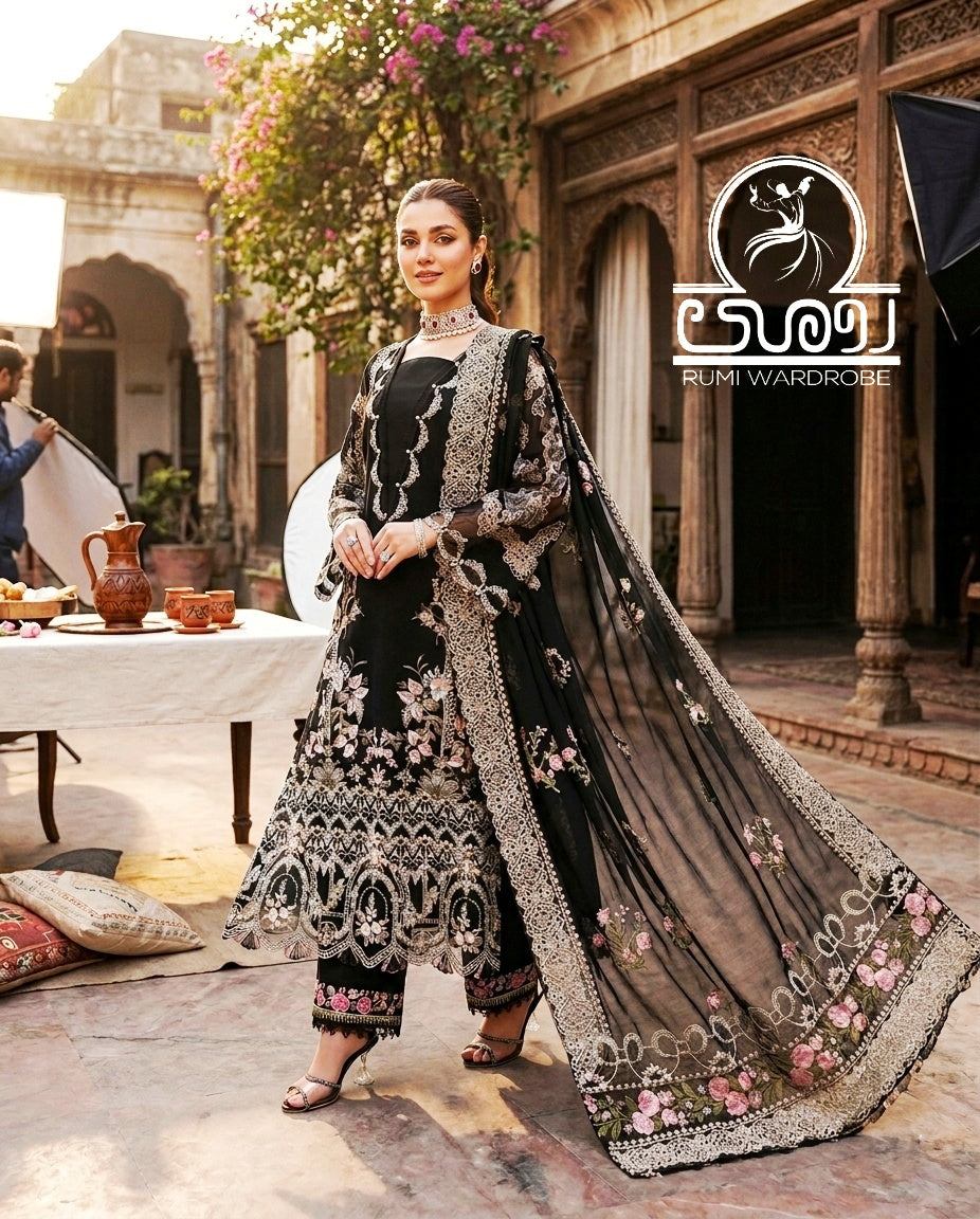 Premium Embroidered Luxury Lawn 3-Piece Suit – Midnight Ebony