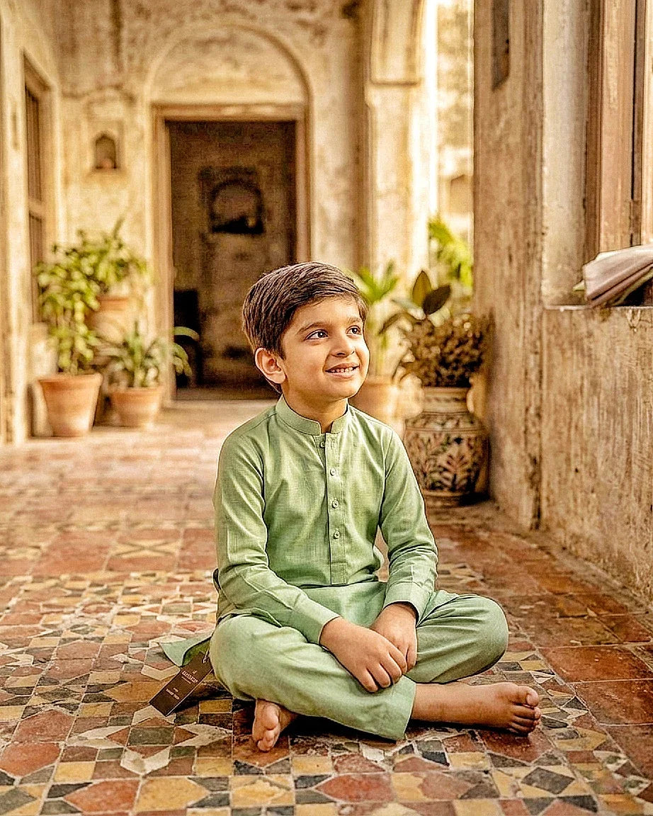 KIDS I Pima Cotton Unstitched Suit for Men – Summer Collection Pakistan I Sage Green