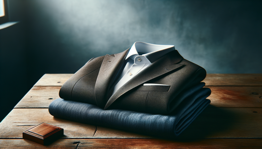 folded unstitched cotton suit on wooden table with soft daylight and elegant colors
