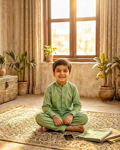 KIDS I Pima Cotton Unstitched Suit for Men – Summer Collection Pakistan I Sage Green