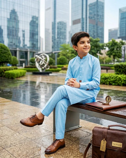 KIDS I Pima Cotton Unstitched Suit for Men | Premium Summer Cotton Fabric Pakistan l Sky Blue