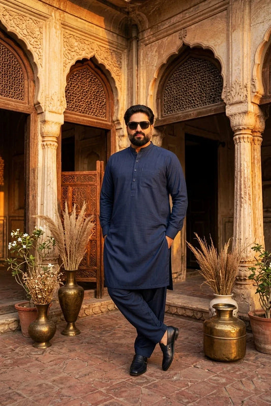 Premium Dark Blue Pima Cotton Unstitched Suit for Men – Luxury Collection