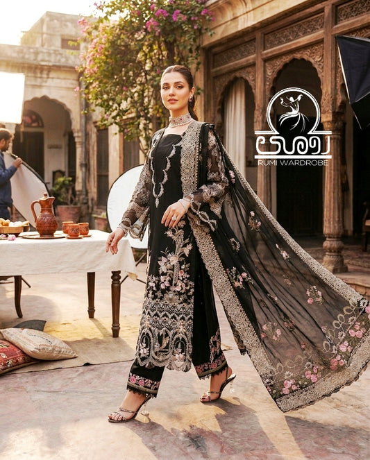 Premium Embroidered Luxury Lawn 3-Piece Suit – Midnight Ebony