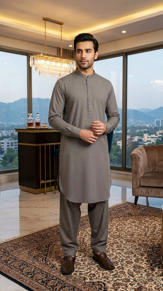 Rumi Wardrobe | Men’s Signature Wash-and-Wear Shalwar Kameez – Ash Coffe