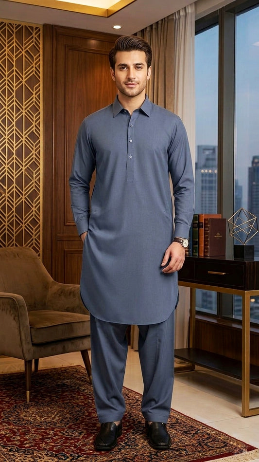 Rumi Wardrobe | Men’s Essential Wash-and-Wear Shalwar Kameez – Steel Blue