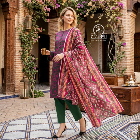 Panjnad | Midnight Magenta Doriya – 3-Piece Unstitched Luxury Print