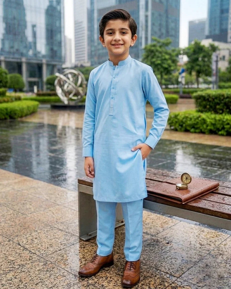 KIDS I Pima Cotton Unstitched Suit for Men | Premium Summer Cotton Fabric Pakistan l Sky Blue