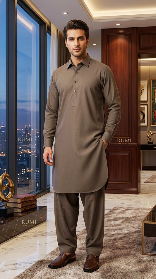 Rumi Wardrobe | Men’s Essential Wash-and-Wear Shalwar Kameez – Earthy Taupe