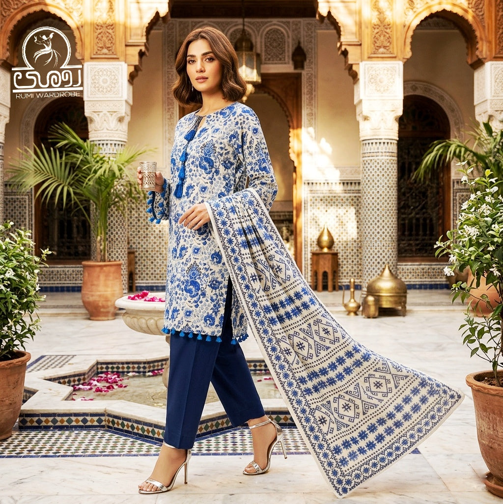 Rumi Wardrobe | Indigo Bloom Doriya – 3-Piece Luxury Unstitched Suite