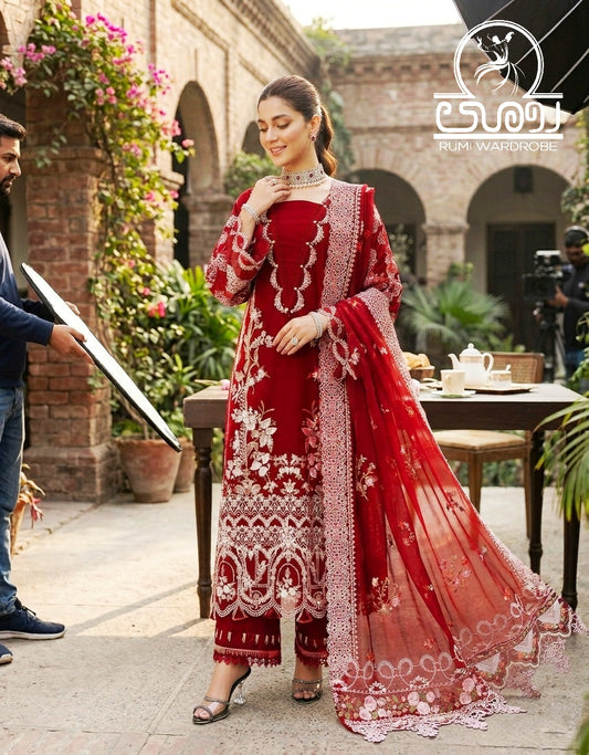 Premium Embroidered Luxury Lawn 3-Piece Suit – Crimson Royale