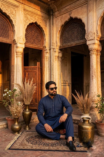 Premium Dark Blue Pima Cotton Unstitched Suit for Men – Luxury Collection