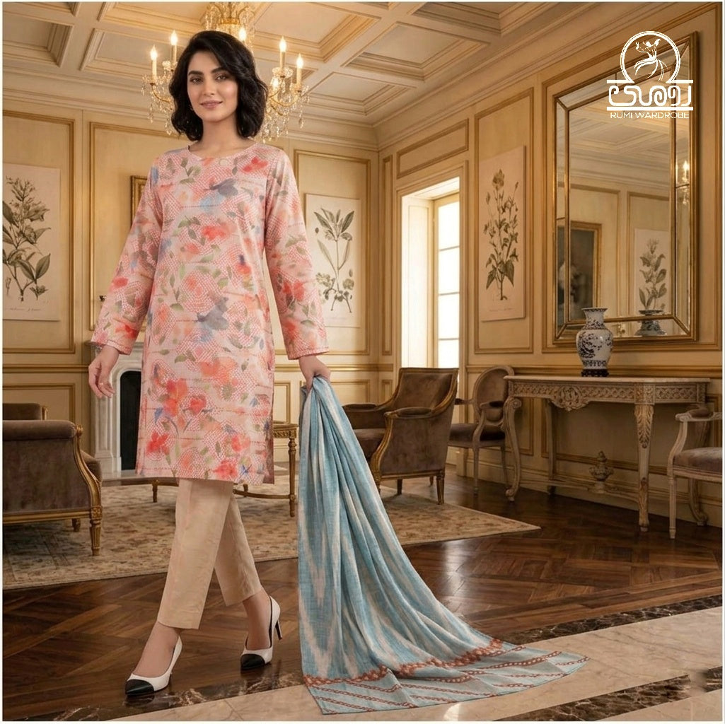Panjnad l Peach Floral Doriya – 3-Piece Unstitched Luxury Print