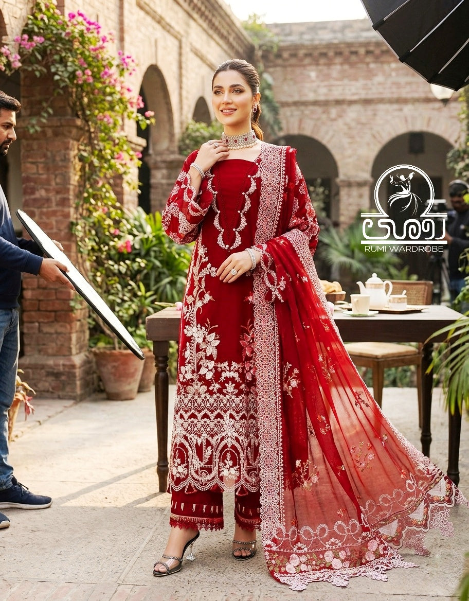 Premium Embroidered Luxury Lawn 3-Piece Suit – Crimson Royale