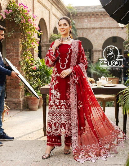 Premium Embroidered Luxury Lawn 3-Piece Suit – Crimson Royale