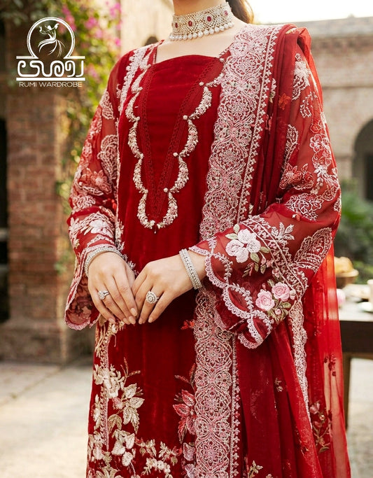 Premium Embroidered Luxury Lawn 3-Piece Suit – Crimson Royale