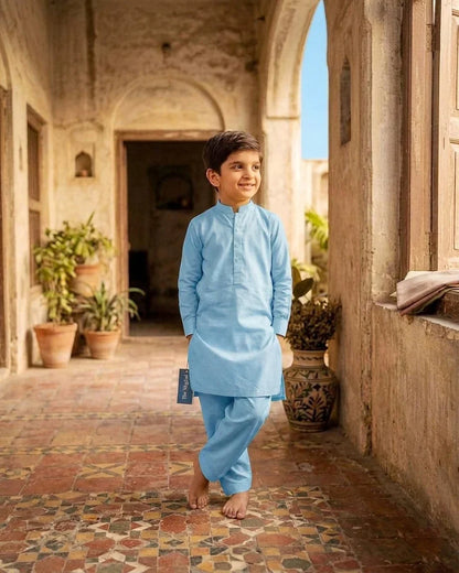 KIDS I Pima Cotton Unstitched Suit for Men | Premium Summer Cotton Fabric Pakistan l Sky Blue
