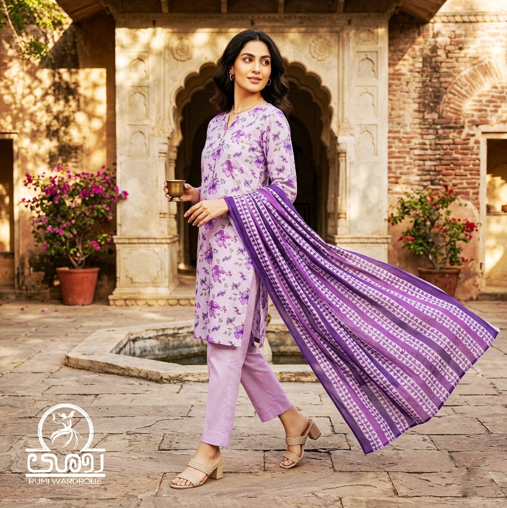 Lavender Petals Doriya – 3-Piece Unstitched Luxury Suite