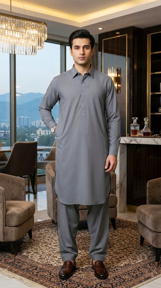 Rumi Wardrobe | Men’s Executive Wash-and-Wear Shalwar Kameez – Slate Grey