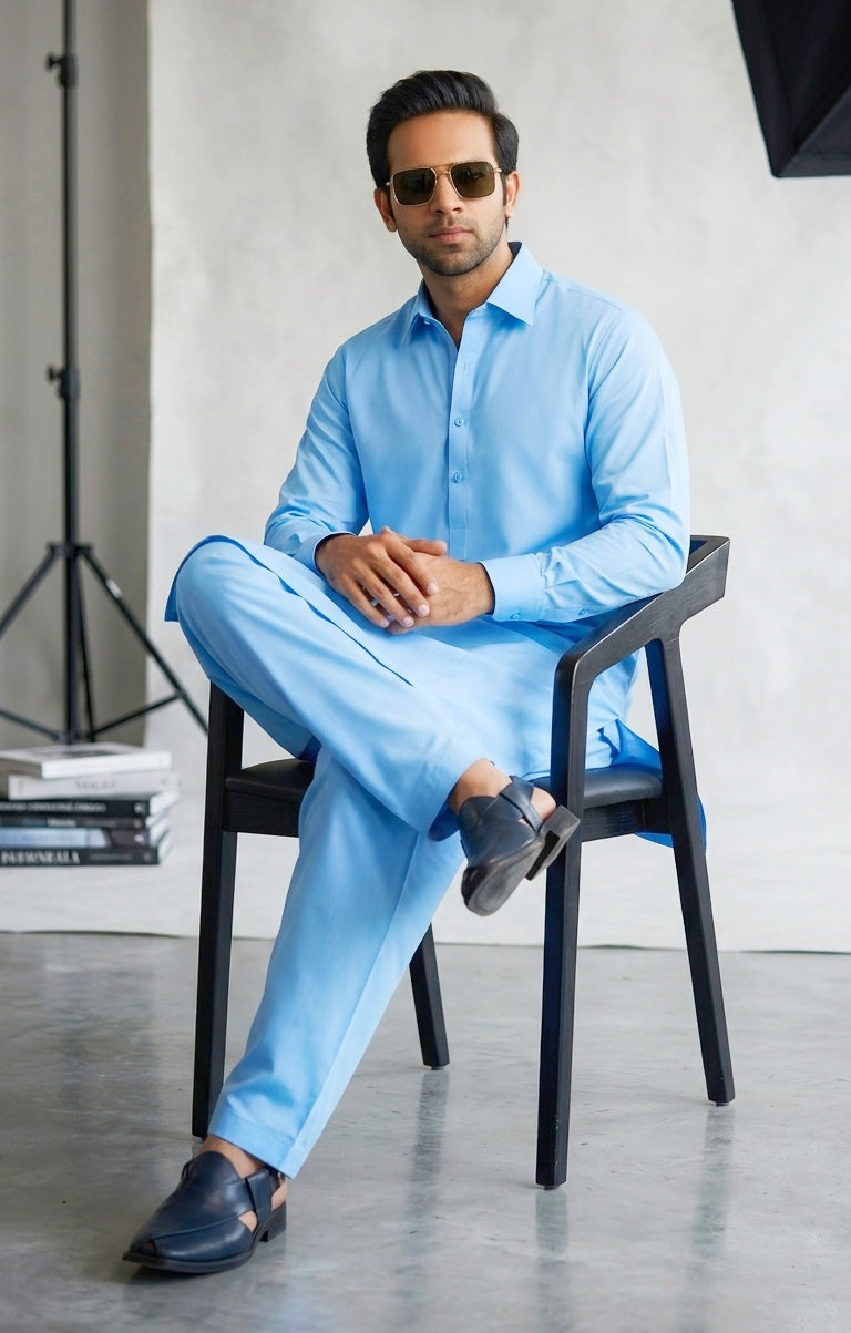 Sky Blue Pima Cotton Unstitched Suit for Men | Premium Summer Cotton Fabric Pakistan
