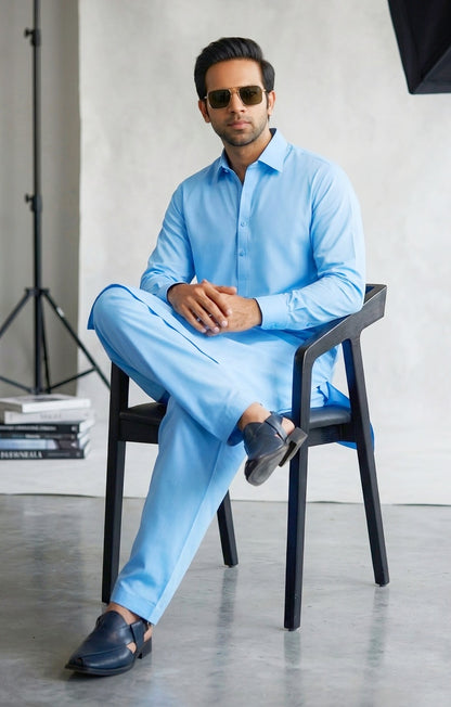 Sky Blue Pima Cotton Unstitched Suit for Men | Premium Summer Cotton Fabric Pakistan
