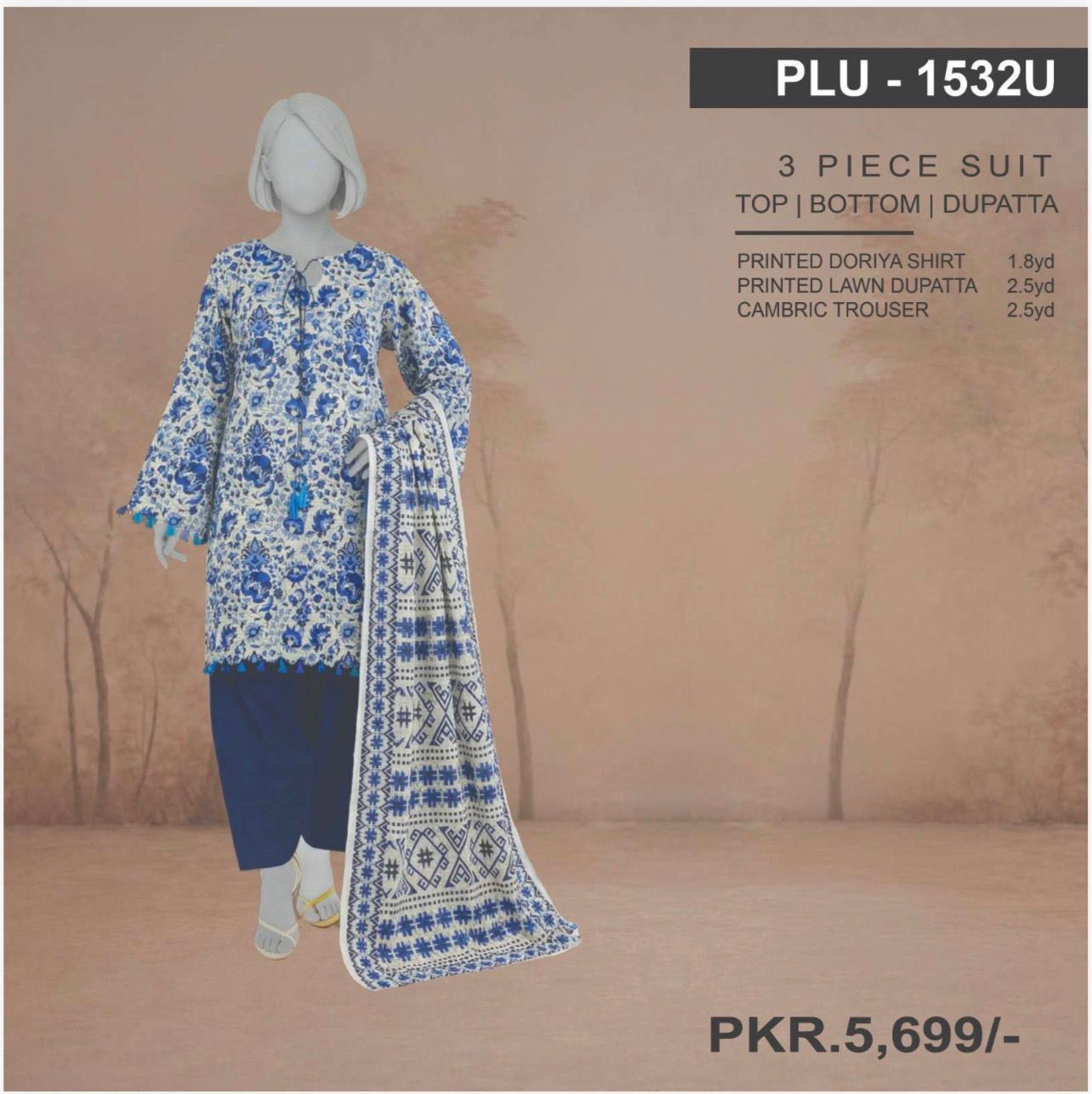 Rumi Wardrobe | Indigo Bloom Doriya – 3-Piece Luxury Unstitched Suite