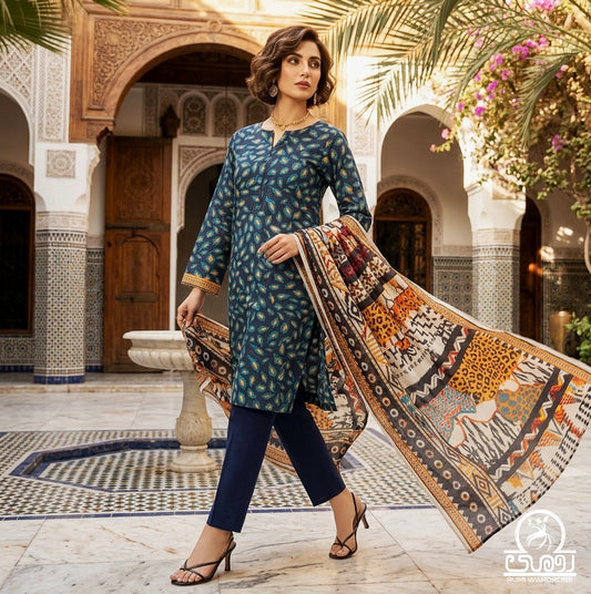 Midnight Teal Luxe – 3-Piece Unstitched Luxury Doriya
