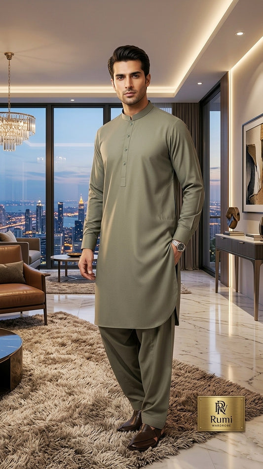 Rumi Wardrobe | Men’s Premium Wash-and-Wear Shalwar Kameez – Sage Olive