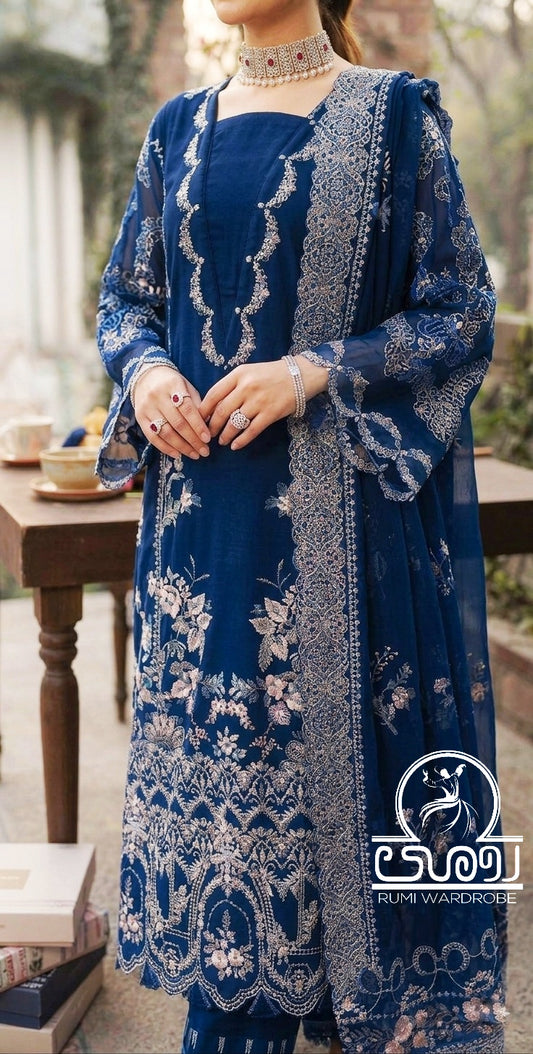Premium Embroidered Luxury Lawn 3-Piece Suit – Prussian Sapphire