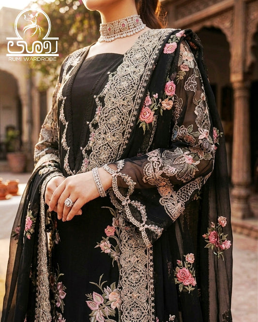 Premium Embroidered Luxury Lawn 3-Piece Suit – Midnight Ebony