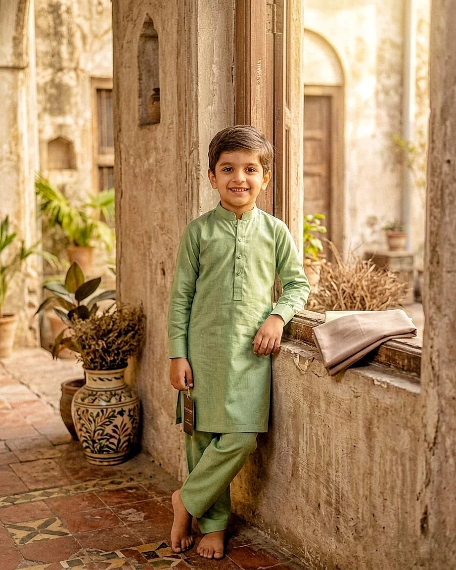 KIDS I Pima Cotton Unstitched Suit for Men – Summer Collection Pakistan I Sage Green