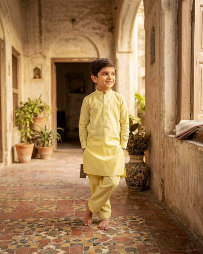 KIDS I Pima Cotton Unstitched Suit for Men – Summer Collection Pakistan l Soft Lemon