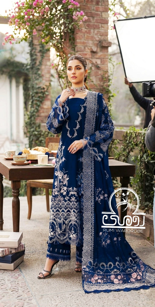 Premium Embroidered Luxury Lawn 3-Piece Suit – Prussian Sapphire